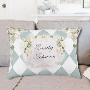 Elegant Monogram Witte Rozen Groene Bladeren Diama Accent Kussen