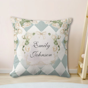 Elegant Monogram Witte Rozen Groene Bladeren Diama Kussen