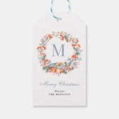 Elegant Monogram Wreath Dusty Blue Christmas Cadeaulabel (Achterkant)