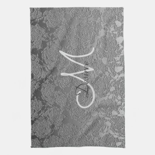 Elegant Monogram Zilver Grijs Bloemen Modern Class Theedoek (Verticaal)