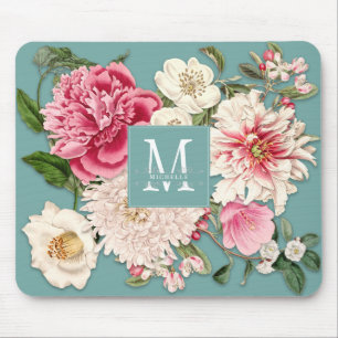 Elegant monogram zwaait Mint Floral Aangepast Muismat
