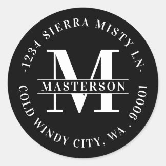 Elegant Monogram Zwart Cirkelvormig Retouradres Ronde Sticker