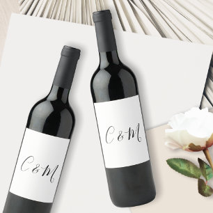 Elegant Monogram Zwart en Wit  Wijn Etiket