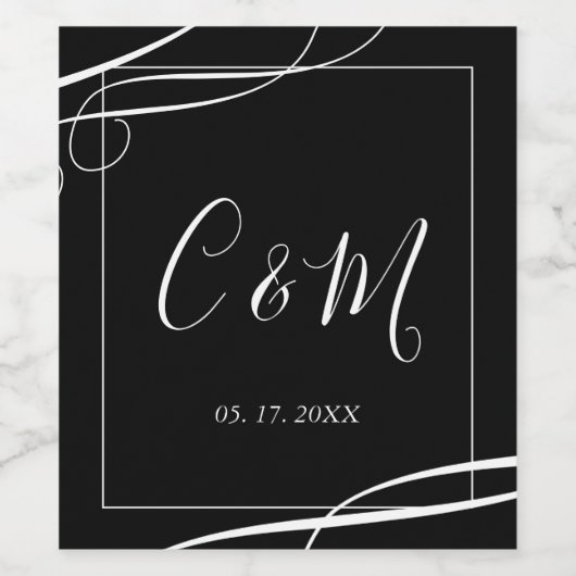 Elegant Monogram Zwart en Wit Wijnlabel Wijn Etiket (Enkel label)