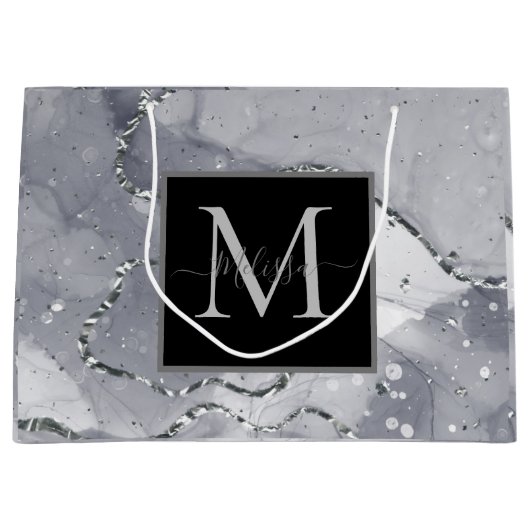 Elegant Monogram Zwart en Zilver Verjaardag Groot Cadeauzakje (Voorkant)