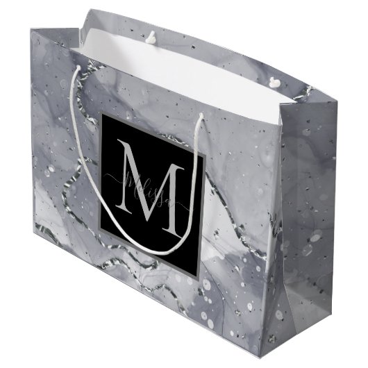 Elegant Monogram Zwart en Zilver Verjaardag Groot Cadeauzakje (Achterkant Gekanteld)