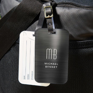 Elegant Monogram Zwart Geborsteld Metaal Bagagelabel