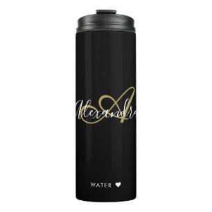 Elegant Monogram Zwart Goud Chic Script Naam Thermosbeker