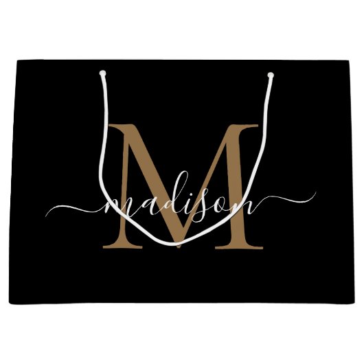 Elegant Monogram Zwart Goud Elegant Script Naam Groot Cadeauzakje (Voorkant)