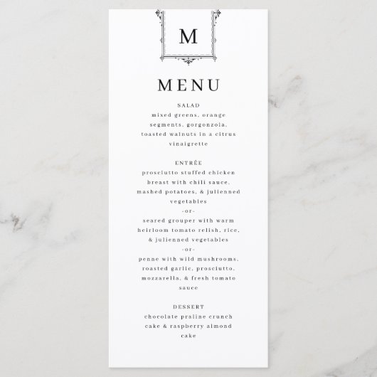 Elegant Monogram Zwart-wit Bruiloft Menu (Voorkant)