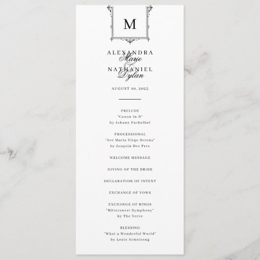 Elegant Monogram Zwart-wit Bruiloft Programma (Voorkant)