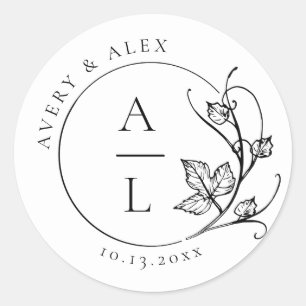 Elegant Monogram Zwart Wit Bruiloft Ronde Sticker