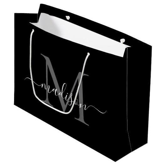 Elegant Monogram Zwart Wit Elegant Script Naam Groot Cadeauzakje (Voorkant Gekanteld)