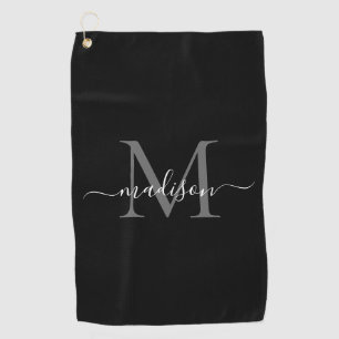 Elegant Monogram Zwart Wit Girly Script Naam Golfhanddoek
