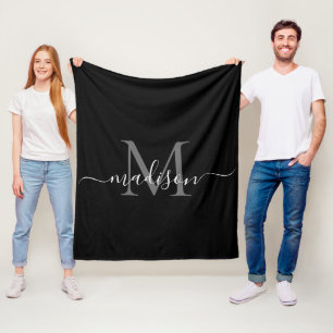 Elegant Monogram Zwart Wit Modern Script Naam Fleece Deken