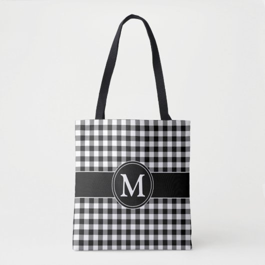 Elegant monogram zwart-wit plaid draagtas (Voorkant)