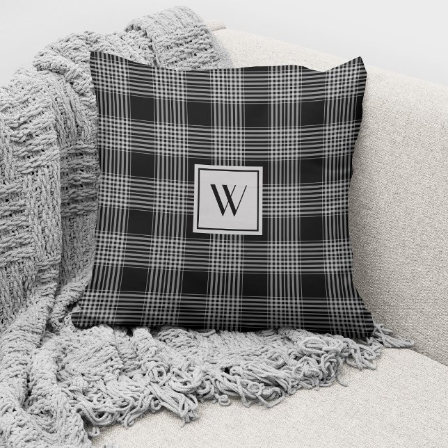 Elegant monogram zwart-wit plaid kussen (Creator heeft geüpload)