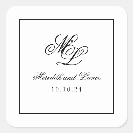 Elegant Monogram Zwart-wit Script Vierkante Sticker (Voorkant)