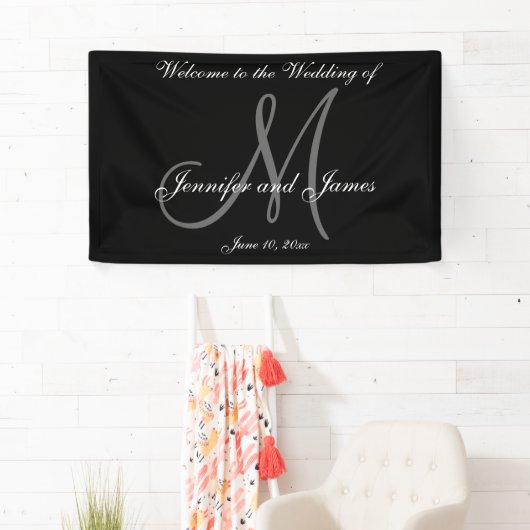 Elegant Monogram Zwart Wit Trouwbanner Spandoek (Insitu)