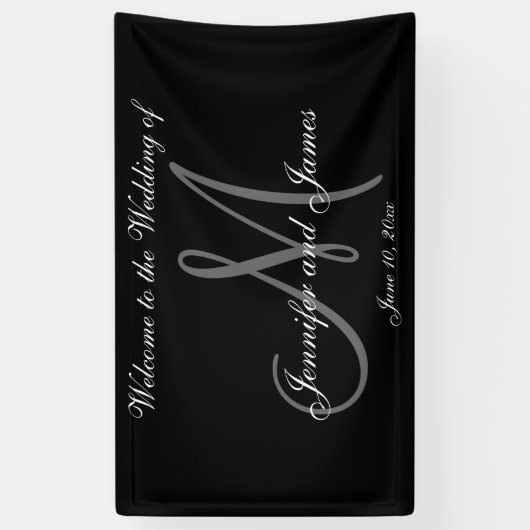 Elegant Monogram Zwart Wit Trouwbanner Spandoek (Verticaal)