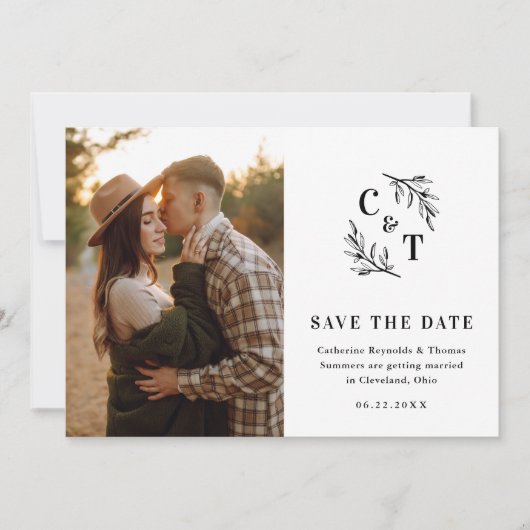 Elegant Monogram Zwart-wit trouwfoto Save The Date (Voorkant)