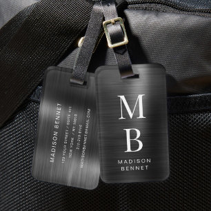 Elegant Monogram Zwarte Geborsteld Metaal Bagagelabel