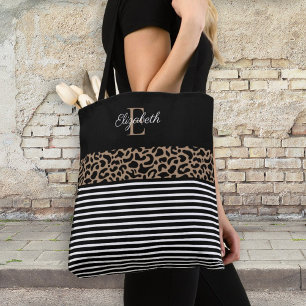 Elegant Monogram zwarte Leopard Animal Print Draagtas