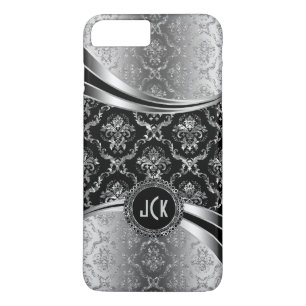 Elegant Monogramed Black & Silver Floral Damasers iPhone 8 Plus / 7 Plus Hoesje
