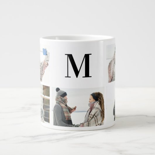 Elegant Monogramed en 5 Photo Personalized Mug Extra Grote Beker (Voorkant)