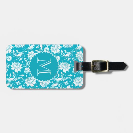 Elegant Monogramed Turquoise & White Floral Damask Bagagelabel (Voorkant horizontaal)