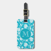 Elegant Monogramed Turquoise & White Floral Damask Bagagelabel (Voorkant verticaal)