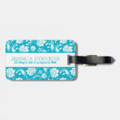 Elegant Monogramed Turquoise & White Floral Damask Bagagelabel (Achterkant horizontaal)