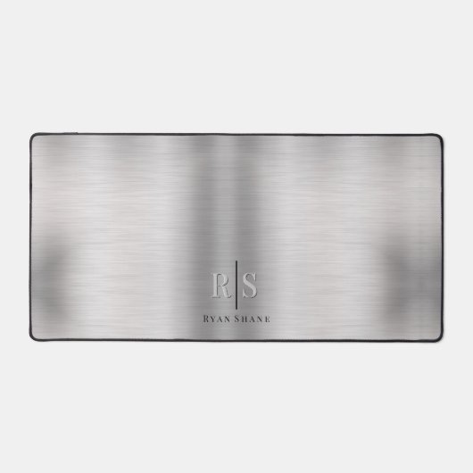 Élégant Monogramme 3D & Nom noir, Argent brossé (Recto)