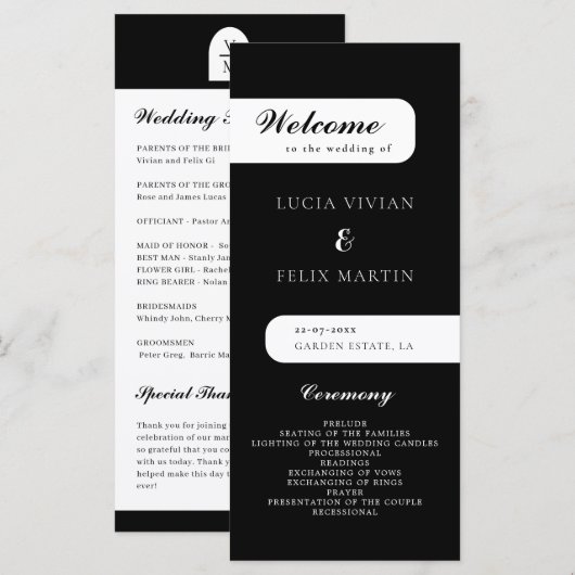 Élégant Monogramme Black Wedding Programme (Devant / Derrière)