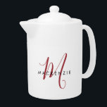 Élégant Monogramme blanc moderne<br><div class="desc">Élégante théière moderne de Monogramme Rouge Blanc Script. Un élégant monogramme de script rouge combiné à une police de caractères noir propre san-serif donne un look contemporain.</div>