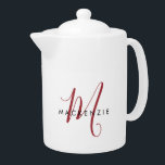 Élégant Monogramme blanc moderne<br><div class="desc">Élégante théière moderne de Monogramme Rouge Blanc Script. Un élégant monogramme de script rouge combiné à une police de caractères noir propre san-serif donne un look contemporain.</div>