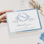 Élégant Monogramme Bleu, Mariage Aquarelle Merci<br><div class="desc">Merci à vos invités avec un élégant carte de remerciements de mariage personnalisé! Design avec cadre délicat bleu aquarelle, beau monogramme botanique bleu dessiné à la main avec initiales de couple, élégant remerciement phrase et section de texte pour le personnaliser comme vous le souhaitez à l'avant et à l'arrière. Possibilité...</div>