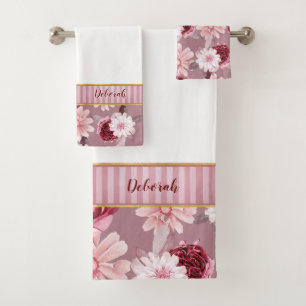 Élégant Monogramme Bourgogne rose floral rayure