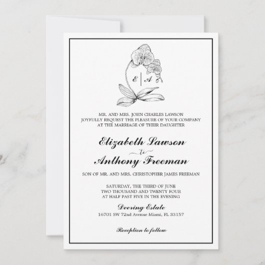 Élégant Monogramme d'orchidée Faire-part de mariag (Devant)