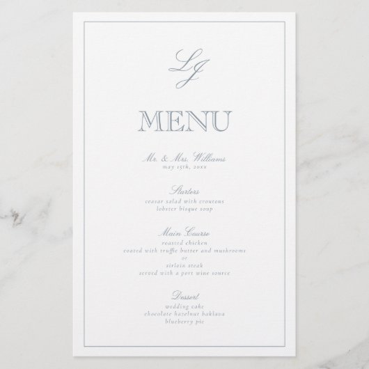Élégant Monogramme Dusty Blue Script Menu Mariage (Devant)
