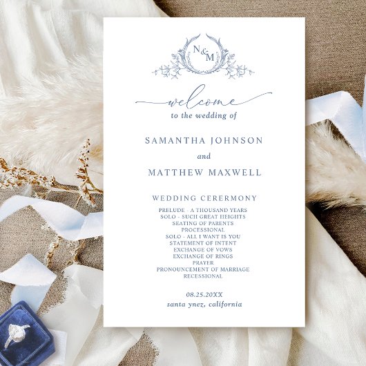 Élégant Monogramme Dusty Blue Wedding Programme