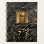 Élégant Monogramme en marbre noir 2024<br><div class="desc">Un élégant planificateur avec une image arrière - plan de marbre noir avec des veines d'or. Personnalisez-le avec votre initiale monogramme en police décorative noire et votre nom en lettres compactes noires sur un carré en feuille d'or faux brossé, ainsi que l'année ou autre texte de votre choix en or...</div>