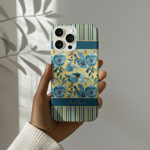 Élégant Monogramme Fleurie Rayée Bleu Poussiéreux