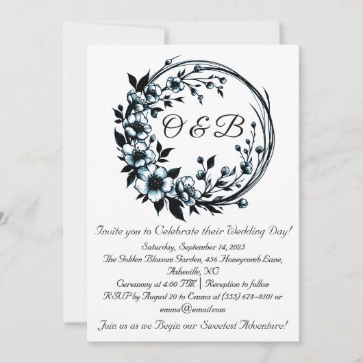 Élégant Monogramme Floral Invitations de mariage (Devant)