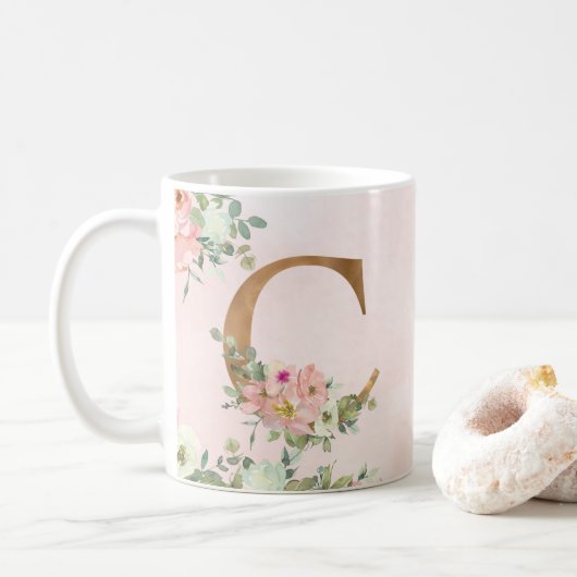 Élégant Monogramme Floral Rose C Café Mug (Avec donut)