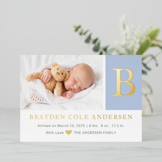 Élégant monogramme initial Photo bébé Faire-part (Debout devant)