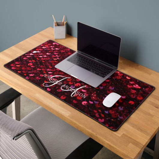 Élégant Monogramme initial Red Sequins Desk Mat (Bureau 2)