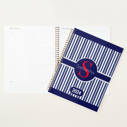 Élégant Monogramme Initiale Rayé Rouge Navy Classi (Devant avec enveloppe)