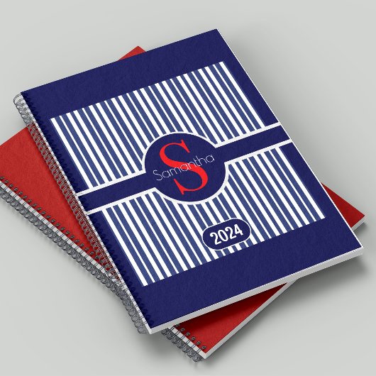 Élégant Monogramme Initiale Rayé Rouge Navy Classi