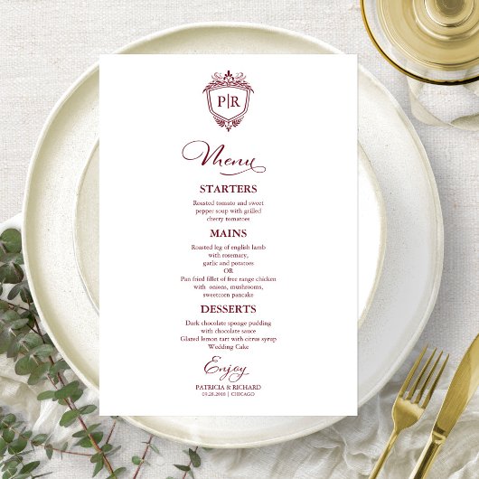 Élégant Monogramme Mariage Cartes de menu Bourgogn